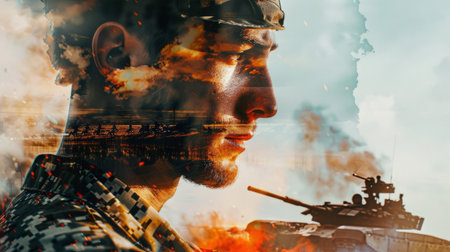 Post-traumatic stress disorder concept. Soldier remembers shelling, shown experiencing a vivid and distressing flashback.の素材