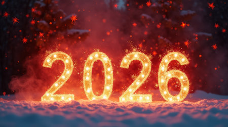 Illuminated golden 2026 numbers in the snow, glowing with sparkles and festive lights. A warm holiday atmosphere set against a winter backdropの素材