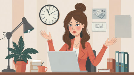A frustrated woman in an office, raising hands while working on a laptop. Desk with books, lamp, plant, and clock on wall. Workplace stress, burnoutの素材