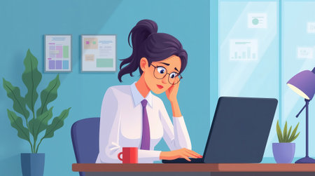 A stressed businesswoman in glasses and formal attire works on her laptop in a modern office with charts on the wall. Concept of workplace stress burnoutの素材