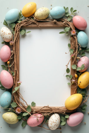 Colorful speckled Easter eggs and flowers decorating a wooden frame on light pastel background, representing spring celebration and joyの素材