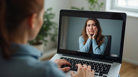 Online therapy session with a concerned woman on a video call. Concept of online communication, virtual support, online therapyの素材