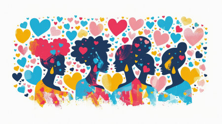 Abstract silhouettes of women in vibrant colors with floating hearts on a white background. Concept of love, unity, and empowermentの素材