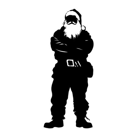 Bold silhouette of Santa Claus with arms crossed, graphic style black and white, isolated on white background, concept of confidence and holiday spiritの素材