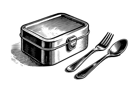 Metal lunchbox with fork and spoon in hand-drawn engraving style on white background, concept of traditional meal container and utensilsの素材