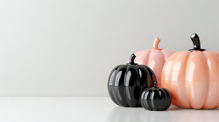 Shiny black and pastel-colored pumpkins on a smooth white surface. Minimalist style. Halloween and autumn decoration conceptの素材