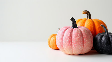 A collection of colorful pumpkins including pink, orange, and black, on a white background. Minimalistic style, showcasing autumn harvest, Halloweenの素材