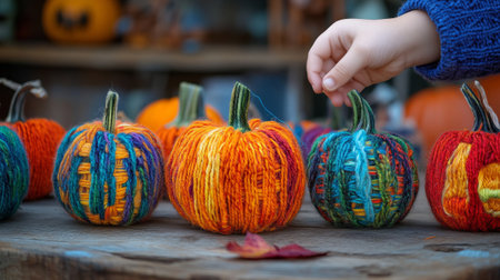 Child's hand touching yarn-wrapped pumpkins in various colors on a wooden table, blurred background. Concept of eco friendly, sustainable Halloweenの素材