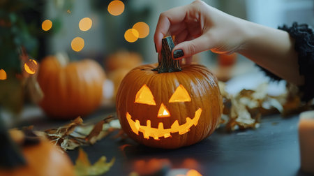 Hand placing the lid on a carved pumpkin jack-o'-lantern. Blurred background with bokeh lights. Concept of Halloween preparation and decorationの素材