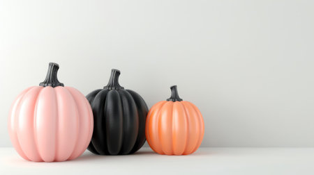 Pastel and Black Halloween Pumpkins on White Background. Concept of Halloween minimalistic decor. Copy place.の素材