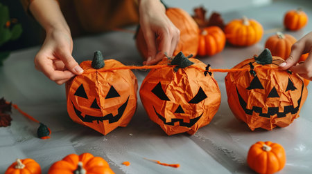 Hands crafting Halloween jack-o'-lanterns from orange paper on a table, surrounded by mini pumpkins. Halloween decoration, eco friendly, sustainable conceptの素材