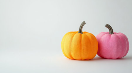 Two fabric pumpkins, one orange and one pink, on a white background. Concept of autumn and fall season minimalistic decor. Copy placeの素材