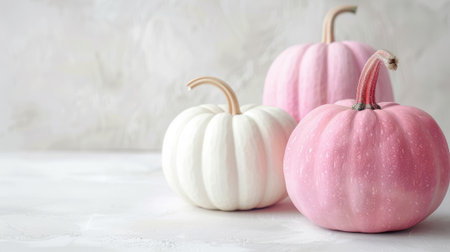 Three pumpkins in pastel shades of pink and white on a light textured background. Concept of Halloween minimalistic decor. Copy placeの素材