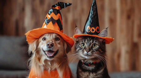 An adorable dog and cat wearing Halloween costumes with hats, sitting together indoors. The background is a wooden wall. Concept of pets and Halloween funの素材