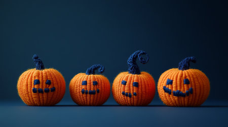 Four knitted pumpkins with smiling faces on a dark blue background. Halloween decor and crafts, eco friendly, sustainable concept. Copy placeの素材
