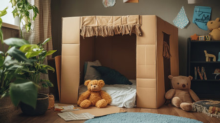 Cozy bedroom fort made of cardboard boxes with sunlight and plants near the window.の素材