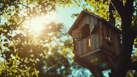 Wooden treehouse in a tree during sunset, surrounded by lush green leaves and golden sunlight.の素材
