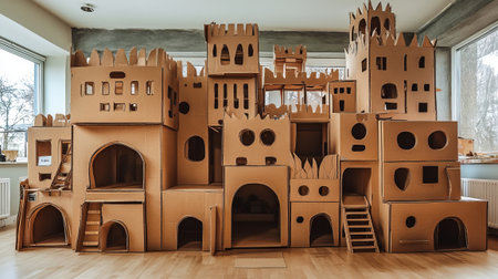 A large cardboard castle structure with multiple windows and doors in a bright indoor room with wooden flooring. Concept of creativity and DIYの素材