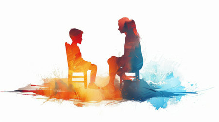 A child and adult silhouette sitting on chairs on a white background. Psychologist trying to understand child, support him and help cope with problems. Mental health kids concept.の素材