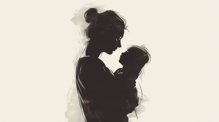 A touching silhouette of a mother holding her child, soft graphic style, on a light background, conveying love and connectionの素材