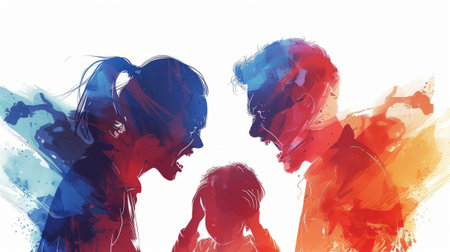 Emotional confrontation between parents with child in the center on a white background. Concept of divorce, misunderstanding in family.の素材