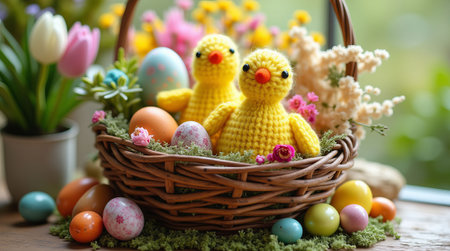 Woven basket with crochet chicks, painted Easter eggs, moss, and flowers, set against a vibrant spring background. Sustainable, zero waste Easter decor. DIY gifts for Easterの素材
