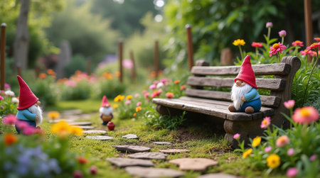 Cute garden gnomes with red hats sitting and standing near a wooden bench, surrounded by flowers and greenery in a vibrant garden settingの素材