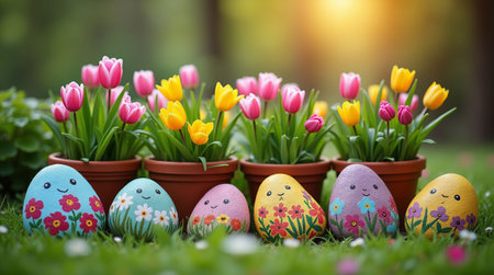 Painted stones with cheerful designs and tulips in pots on a grass field, under warm sunlight. Sustainable, zero waste Easter decor. DIY gifts for Easterの素材