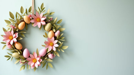 A decorative Easter wreath with pink flowers, colorful eggs, and green leaves hanging on a pastel blue background. Sustainable Easter concept. DIY giftsの素材