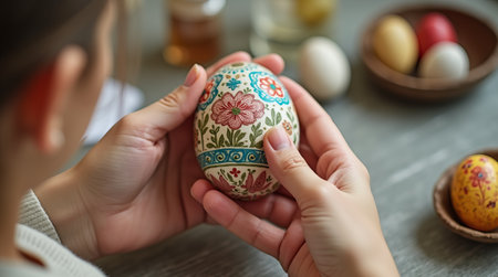 Close-up of hands holding a detailed Easter egg with floral patterns, surrounded by more eggs in a cozy natural setting. Sustainable, zero waste Easter decor. DIY gifts for Easterの素材