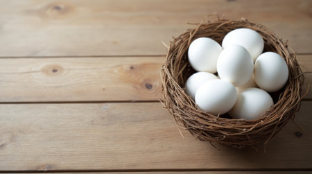 Close-up of a nest filled with white eggs placed on a wooden surface. Rustic style, symbolizing simplicity and natural origins. Mockup, template for Easter for copy space.の素材