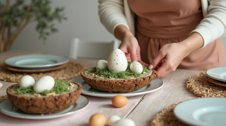 Woman arranging a festive Easter table setting with eggs, moss, and edible decor on rustic plates. Bright and natural background. Sustainable, zero waste Easter decor. DIY gifts for Easterの素材