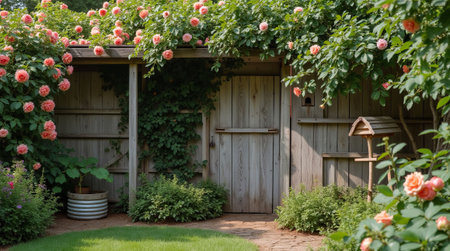 Wooden garden shed surrounded by vibrant pink roses, greenery, and a birdhouse, creating a serene rustic garden sceneの素材