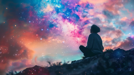 Silhouette of a person sitting on a hill, gazing at a vibrant, starry sky filled with colorful clouds at dusk. Concept of contemplation, wonder and emotional intelligenceの素材