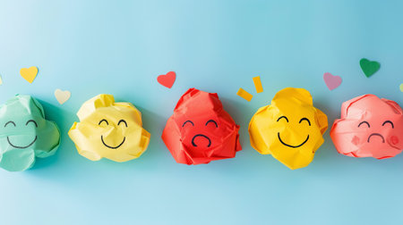 Colorful crumpled paper faces showing different emotions with hearts on a light blue background. Concept of feelings and emotions, emotional intelligenceの素材