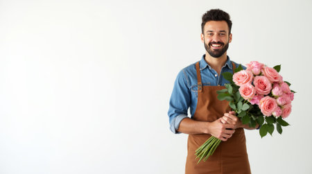 Smiling male florist in a brown apron holding a bouquet of pink roses, standing against a white background, concept of floral business. Flower delivery concept. Copy spaceの素材