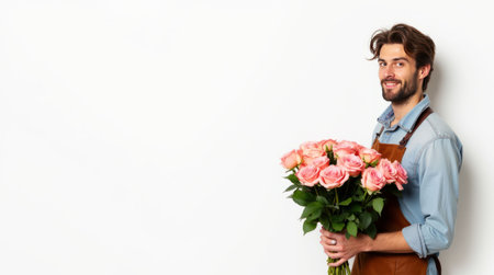 Smiling florist in apron holding pink rose bouquet, wearing casual outfit, standing against white background, concept of flower arranging. Flower delivery concept. Copy spaceの素材
