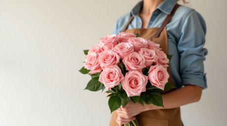 Florist holding a fresh bouquet of pink roses, wearing a denim shirt and apron. Minimalistic background, concept of floral design. Flower delivery concept. Copy spaceの素材