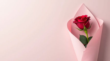 Close-up of a single red rose wrapped in delicate pink paper, placed on a soft pastel background. Concept of love, romance, and simplicity. Copy spaceの素材