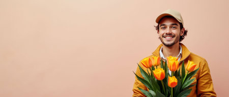 Smiling man wearing a yellow jacket and cap holding a bouquet of orange tulips. Peach background. Valentine's Day. International Women's Day. Mother's Day. Flower delivery concept. Copy spaceの素材
