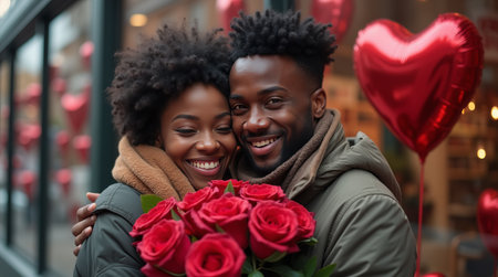 Happy couple smiling outdoors, holding a bouquet of red roses, with heart-shaped balloons in the background. Love and romance concept. Valentine's day conceptの素材
