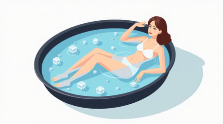 Woman in a bikini lounging in an ice bath, surrounded by ice cubes, on a white background. Concept of relaxation and cold therapy. Ice bath pod conceptの素材