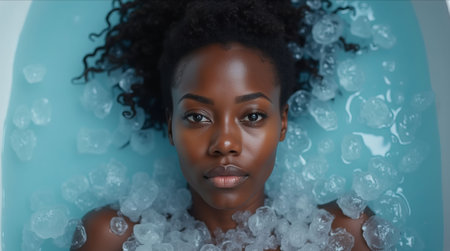 Close-up of a woman's face immersed in a tub with ice cubes, serene expression, and aqua-toned water, evoking relaxation and rejuvenation. Ice bath pod conceptの素材