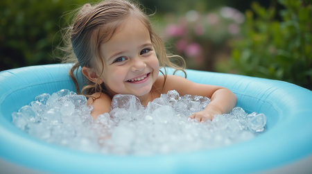 Happy child sitting in an inflatable pool filled with ice cubes, smiling brightly outdoors. Joyful, playful, refreshing summer concept. Inflatable Ice Bath Concept For Homeの素材