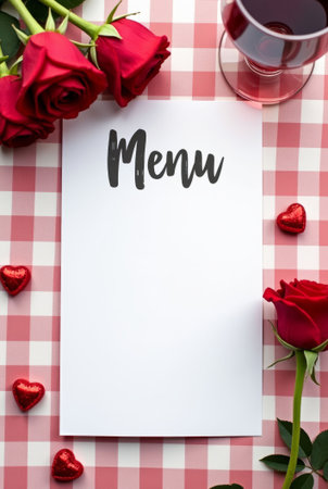 Blank menu with Menu title, surrounded by red roses, hearts, and wine glass on pink checkered tablecloth. Menu template, mockup for Valentine's Day for copy spaceの素材