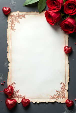 Romantic vintage paper with decorative borders, red roses, and heart-shaped chocolates on a dark background. Menu template, mockup for Valentine's Day for copy spaceの素材