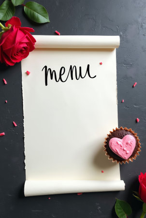 Rolled parchment with menu text, red roses, and a cupcake with pink icing on dark textured background. Menu template, mockup for Valentine's Day for copy spaceの素材