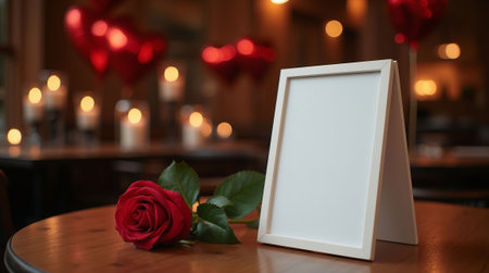 Blank mockup frame with red rose on a wooden table, surrounded by glowing candles and heart-shaped balloons. Menu template, mockup for Valentine's Day for copy spaceの素材