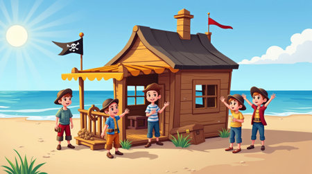 Group of cheerful children dressed as pirates near a wooden hut, with a blue ocean background on a sunny day, concept of playhouseの素材