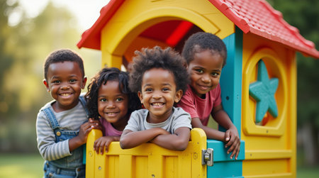 Joyful children playing in a colorful playhouse outdoors, smiling brightly, with lush greenery in the background. Concept of playhouseの素材